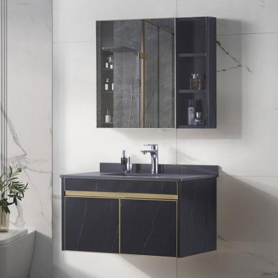 China Customized Small Black Modern Home Wall Mounted Single Sink Luxury Hotel Bathroom Vanity Set With Sink Mirror Cabinet for sale