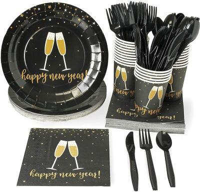 China Modern Black and Gold Champagne Toast Cheers Celebration Party Happy New Year's Day Paper Plate Cup Disposable Napkin Set for sale