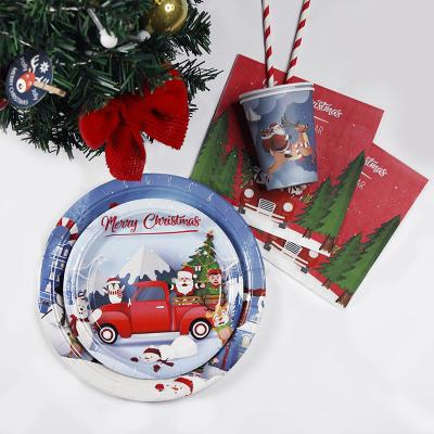 China Modern Under The Car Ride Blue Red Party Snowman Old Man Moon Merry Christmas Paper Plate Cup Napkin Set Disposable Napkin Set for sale