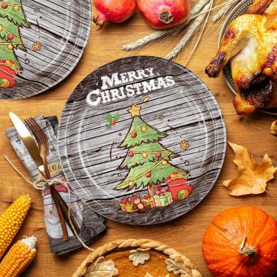 China Creative Biodegradable Disposable Wooden Board Design Christmas Tree Paper Plate Napkin Set Modern White Merry Letter Christmas Party for sale