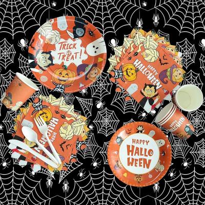 China Modern Halloween Party Disposable Pumpkin Man Witch Mums Pumpkin Man Witch Spider Tablecloth Cup Paper Plate Napkin Set for sale