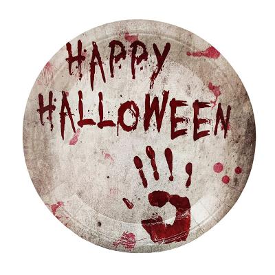 China Modern Disposable Tableware Horror Party Supplies Creative Scary Halloween Blood Handprint Decoration Tablecloth Cup Dish Napkin Set for sale