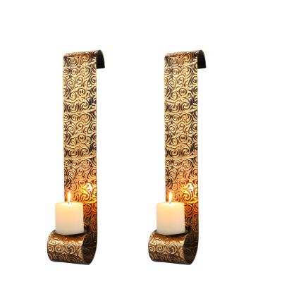 China Home Decoration Set of 2 Vertical Wall Hanging Sconces Gold Decorative Brass Wall Hanging Metal Candle Holder for sale