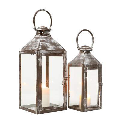 China Home Decoration Set of 2 Antique Gray Brush Decorative Metal Candle Lanterns 17.5inch&13.5inch Hanging Ring for Rustic Home Decor for sale