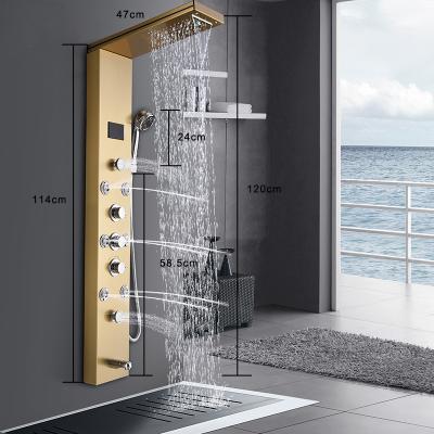 China Gold Nickel Free Slide Bar Brushed Shower Panel Column Towers Spa Jets Waterfall 304Stainless Shower Wall Panel Smart Shower Panel for sale