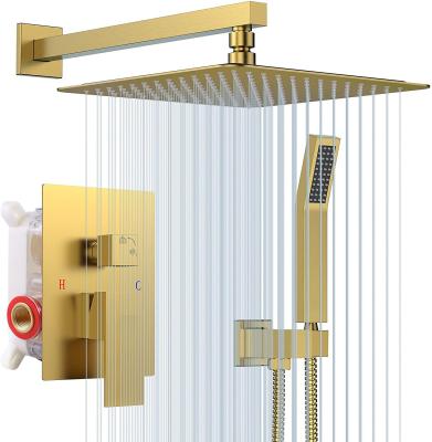 China Modern Luxury Gold Brass Bathroom Concealed Wall Mounted Shower System Rain Shower Set for sale