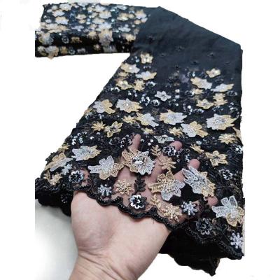 China Whosale beaded 3D flower pearl lace fabric Taidian embroidery lace fabric high quality bridal water soluble polyester dress lace fabric for sale