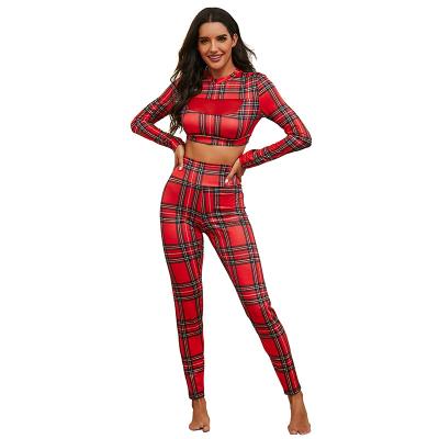 China 2020 Autumn Winter Christmas Wholesale Breathable Plaid Printed Sets Women Yoga Pants And Crop Top Suit 2 Pieces Tracksuits Set For Women for sale