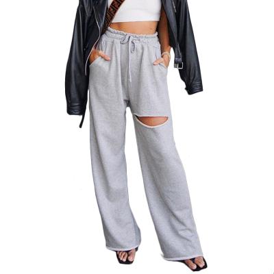 China Breathable Women's Casual Hollow Out Wide Leg Streetwear Fitness Loose Pants High Waist Pants Loose Elastic Women Pants Sweatpants for sale