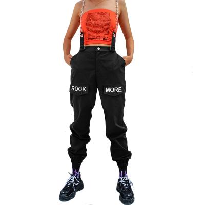 China Fashion Women Hip Hop Streetwear Breathable Embroidery Letters Breathable Cargo Pants High Waist Pockets Tape Overall Pants for sale