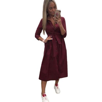 China Women's Breathable OL Style Shirt Dress Solid Casual Dress 2020 Summer Ladies Button Turn Down Collar Knee Length Dress With Sashes for sale