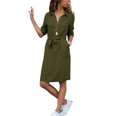 China Autumn Shirt Dress Women Solid Breathable Three Quarter Sleeve Turn-Down Fashion Breathable Party Dress Vestidos Casual Long Dress for sale