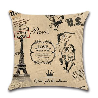 China Simple Vintage Eiffel Tower Tile Covers Butterfly Flower Birds Cushion Cover For Sofa Home Decor Flax Linen Floor Pillow for sale