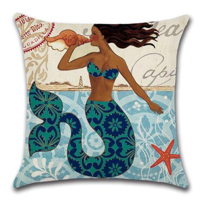 China Simple Mediterranean Style Linen Nautical Style Linen Nautical Theme Mermaid Ocean Theme Square Pillow Covers18X18Inch Cushion Canvas Covers for sale