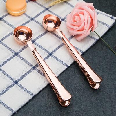 China Stocked INS Stainless Steel Coffee Scoop With Clip Measuring Teaspoon Rose Gold And Gold Color for sale