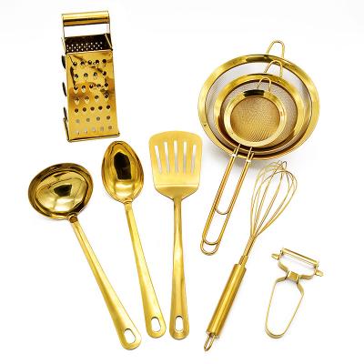 China Viable Statistical Stainless Steel Kitchen Ware Sets Gold Color Kitchen Utensils Instruments Measuring Cups Beat Flour Sieve Bag Clip Teaspoon for sale