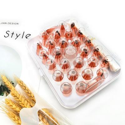 China Stocked INS Style Rose Gold Stainless Steel 26pcs Cake Decoration Icing Tip-Piping Spout DIY Pastry Bag With Storage Box for sale