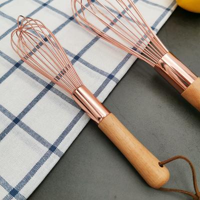 China INS Viable Style Rose Gold Egg Whisk Wood Handle Cake Baking Tool 8 and 10 Inches for sale