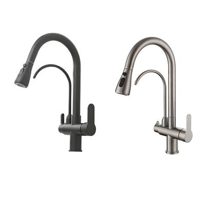 China Thermostatic Faucets Matte Black Brushed Nickel Lead Free Mixer Tap 2 Handle 3 In 1 Kitchen Pull Out Drinking Water Filter Purifier Faucet for sale