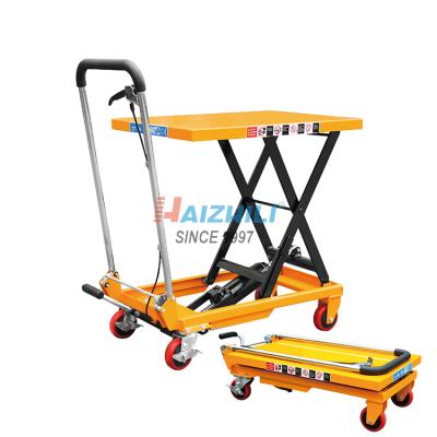 China HAIZHILI Warehouse Scissor Lift Table Manual Pusher Foot Operated Mobile Portable Folding Hydraulic Table for sale