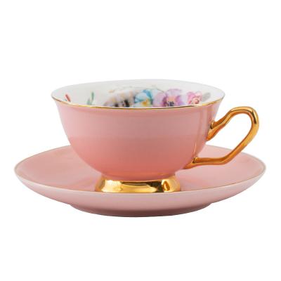 China Viable Wholesale 200ml Nordic Ceramic Rose Rose Flower Porcelain Coffee Tea Cup And Saucer Gift Set With Gold Handle for sale