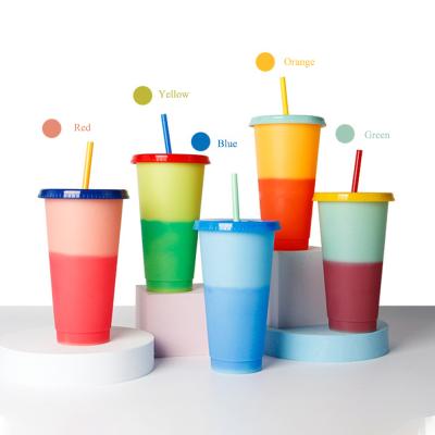 China Creative Gift Ins. Sta. Mugs Viable Hard Plastic Drinking Changing Reusable Mug With Lid Straw Magic Cold Change Color Tumbler for sale