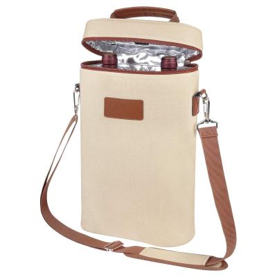 China 2 Bottle Insulated Canvas Wine Cooler Bag Travel Insulated Wine Carrier Tote Bag for sale