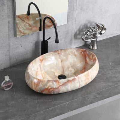 China Popular Sanitary Ware Oval Pattern Art Marble Stone Basin No Hole Multi Color Easy Clean Bath Vanity Wash Sink Ceramic Sink for sale