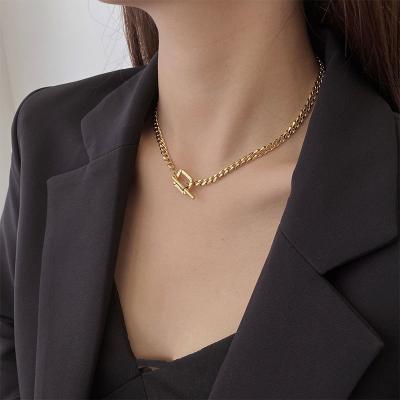 China Trendy INS OT Lead Free Stainless Steel Link Chain 18K Gold Plated Nickel Free Square Bar Buckle Necklaces For Women for sale