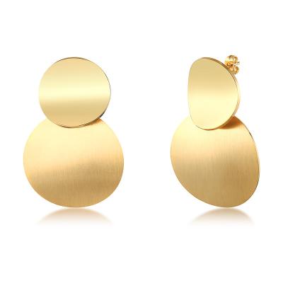 China TRENDY Wholesale Fashion Stainless Steel Metal Single Round Discs Double Drop Earrings Stud Earrings for sale