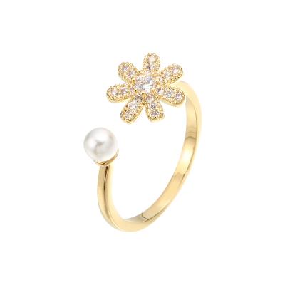 China FASHIONABLE Personality Gold Plated Diamond Crystal Flower Pearl Cuff Open Ring Gift Jewelry Adjustable Rings for sale