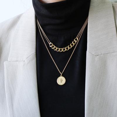 China FASHIONABLE 18K Gold PlatedTitanium Coin Circle Steel Disc Pearl Clavicle Sweater Chain Necklace Pendant for sale