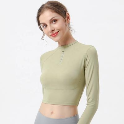 China Breathable Elastic Custom Fit Tight Running Sleeve Crop Top O-Neck Fitness Blouses Yoga Zipper T-shirt Yoga Sportswear Women Gym Top Women for sale