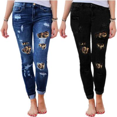 China Logo Designer High Quality Casual Custom Made Breathable Ripped Slim Fit Leopard Ladies Denim Pants With Pockets Women Skinny Jeans for sale