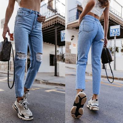 China European and American high quality breathable casual ripped distressed straight-leg ladies denim pants with pockets high waist women jeans for sale