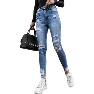 China Custom Made High Quality European and American Breathable Logo Print Ladies Denim Pants Casual Slim Fit With Pockets Women Ripped Skinny Jeans for sale