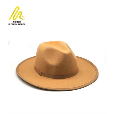 China Quick Shipping 8 Colors Pure Plain Solid Color Women Men Wool Suede Wide Brim Fedora Hats With Ribbons for sale