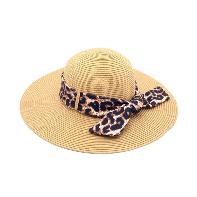 China Customization Leopard Print Ribbon Beige Color Wide Brim Paper Straw Hats Beach Summer Women for sale