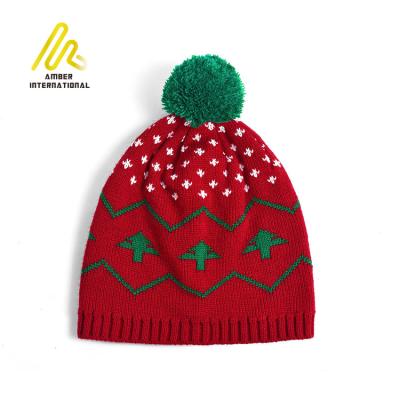 China Christmas Tree Snowflake Pattern Design Acrylic Warm Knitted Hat with Pompom for sale