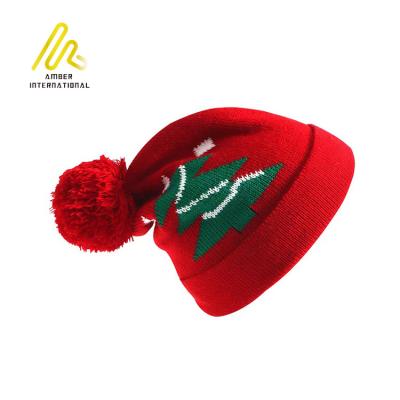 China Wholesale Knitted Winter Christmas Tree Jacquard Warm Custom Woolen Knit Hat With Pompom for sale