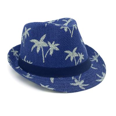 China Summer Hawaii Party Coconut Trees Printing Blue Collapsible Natural Kids Paper Fedora Straw Hat à venda