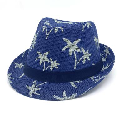 China Hawaii Coconut Trees Printing Blue Children's Collapsible Natural Paper Fedora Straw Top Hat for sale