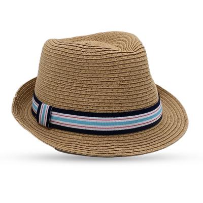 中国 Wholesale Outdoors Collapsible Light Brown Boys Straw Hat with Striped Ribbon 販売のため