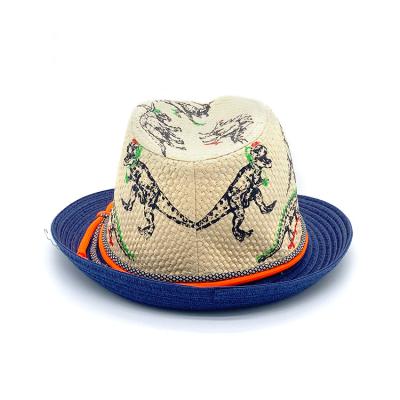 China Multi Colors Dinosaur Printing Kids Straw Beach Hat Fedora with Striped Ribbon for sale