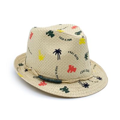 Cina High Quality Colorful Palm Trees Printing Natural Straw Weave Kids Summer Beach Paper Fedora Straw Hat in vendita