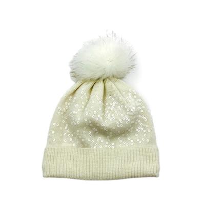 Cina Customized size white sequins children kids winter knitted beanie hats with pom pom in vendita