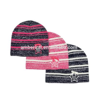 China Factory Direct Sale Mix Yarns Stripes Bow Embroidery Deco Children's Winter Knitted Beanie Hat with Custom Logo Te koop