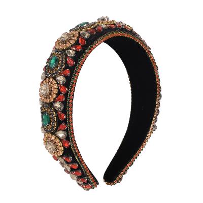 China European and American exquisite luxury colorful baroque wide side faux stone headdress banquet diamonds retro style thick sponge headband for sale