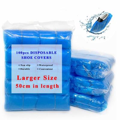 China Dropshipping 50cm Disposable Waterproof Plus Large Size Anti Slip 100 Pcs Resistant Fit All Size CPE Shoe Cover Plastic Disposable Shoe Covers for sale