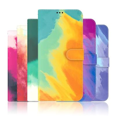 China Shockproof Watercolor Cell Phone Wallet Leather Case with Magnetic Snap Case for zte a5 2020 Luxury Flip Cover Book for Motorola e20 e30 for sale